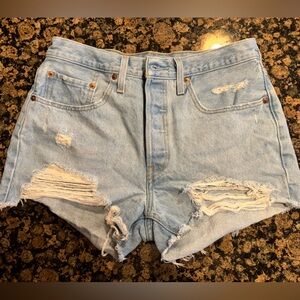 Distressed Light Blue Denim Shorts Levi 501